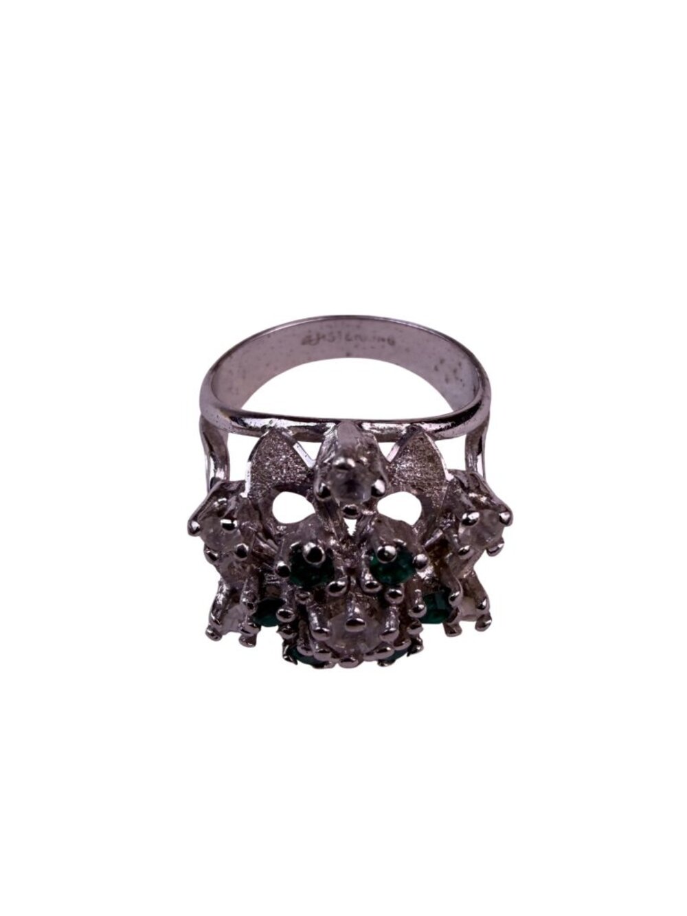 Vintage Uncas Sterling Silver Green & Clear Rhinestone Ring Elegant Design
